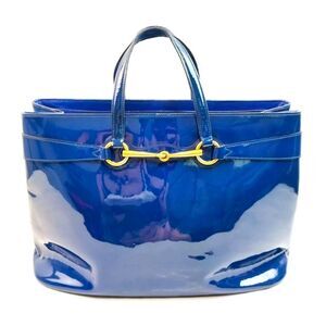 Auth Gucci Medium Bright Bit Blue Patent Leather Tote Bag Horsebit Enamel Purse